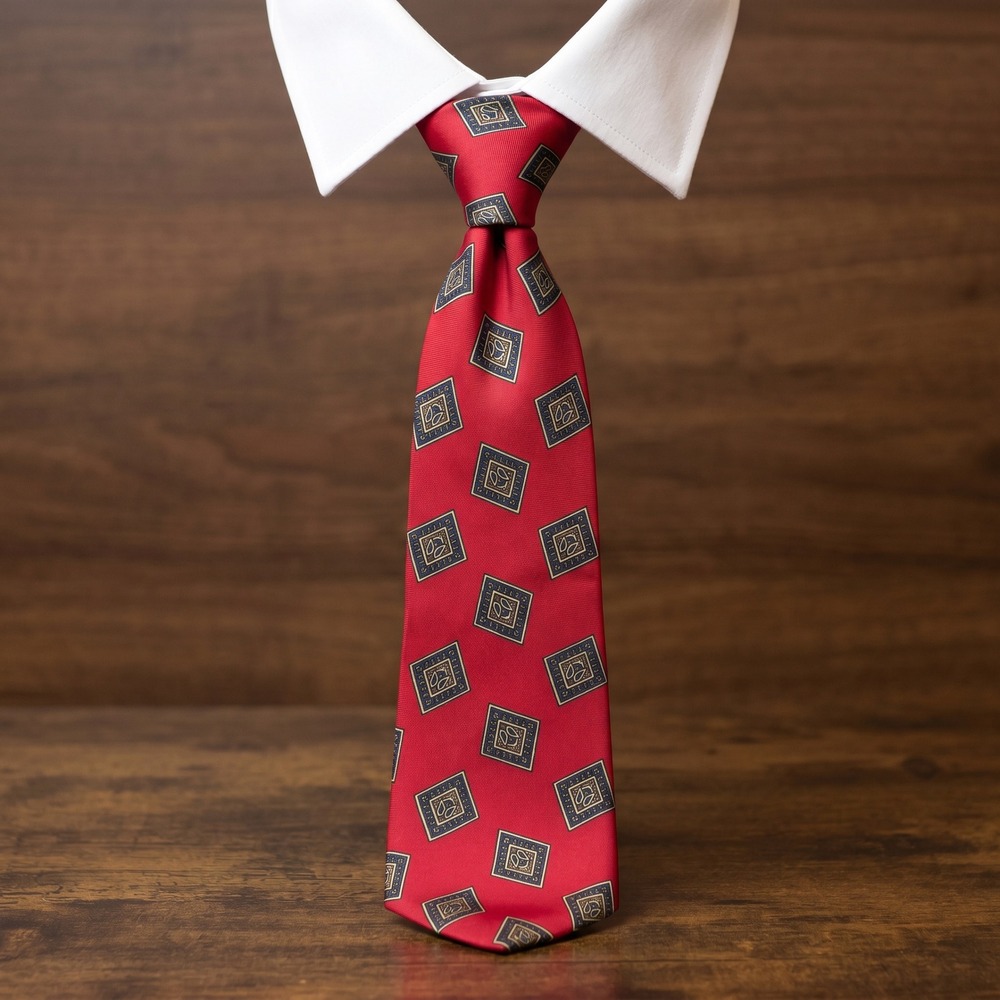 Bert Pulitzer Mens Red Geometric Silk Necktie Vintage Made in USA Paisley Square